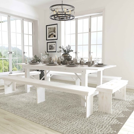 Flash Furniture 8'x40" White Table/4 Bench Set XA-FARM-5-WH-GG